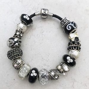 Black white silver hearts, leather charm bracelet love
